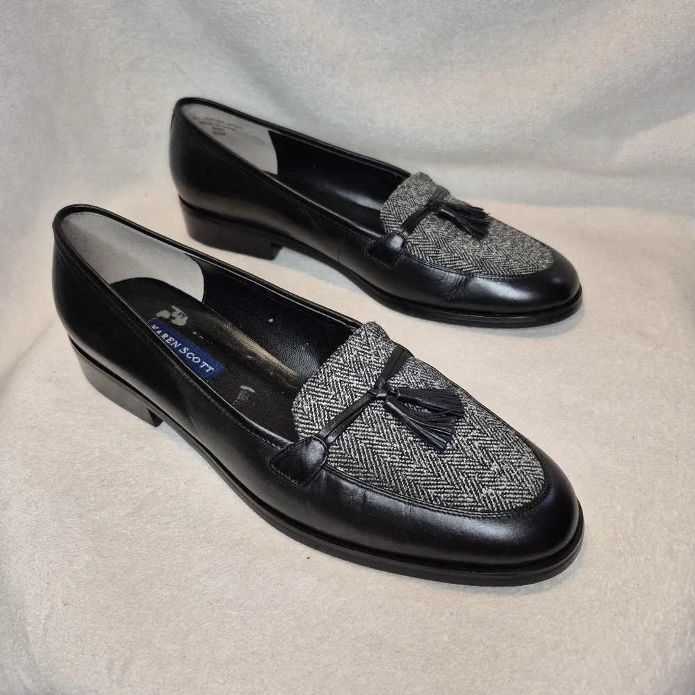 Karen Scott 8.5 Mari Leather Loafer Black & White Tweed Tassel Retro, Texture